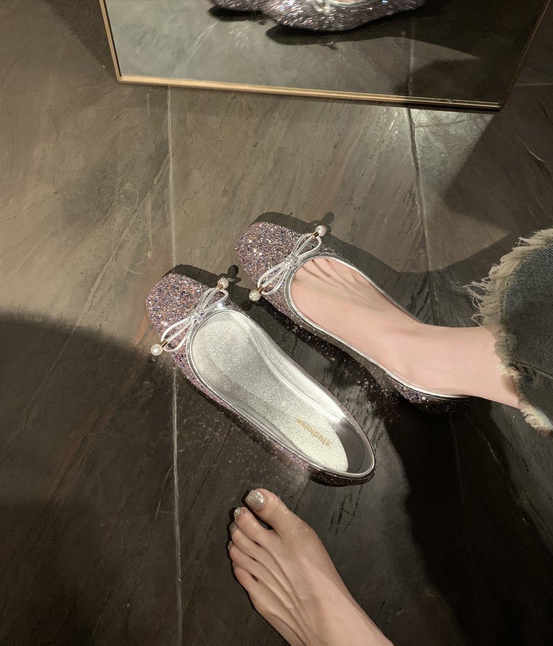 Spot Seconds Hair! Grape Mom Same Shoes Classic Round Head Bow Rhinestone Shallow Mouth Delicate Pearl Ballet Shoes - Image 1